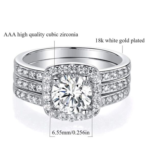 18K White Gold & White Diamond Cubic Zirconia Engagement Wedding Band Set 3 Pcs - Picture 2 of 11